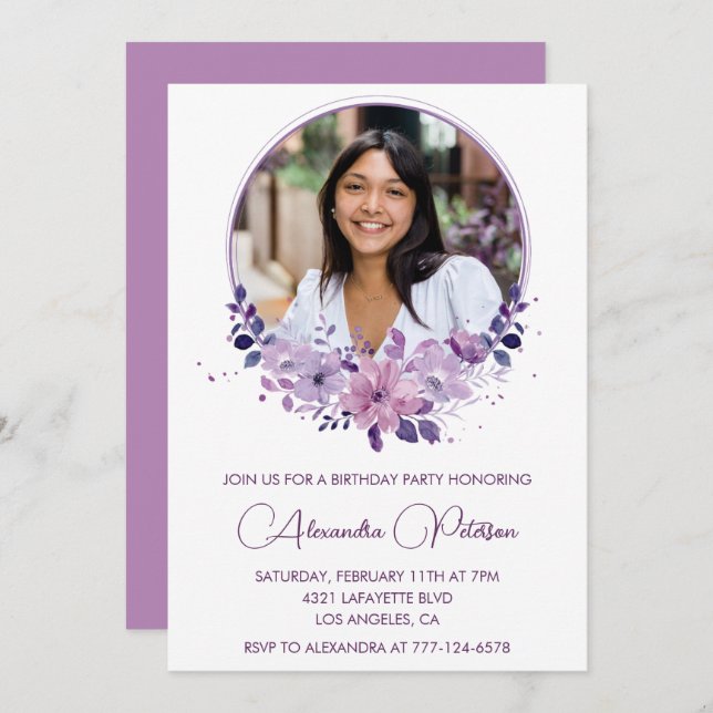 Chic Photo 28th birthday invitation Floral Purple (Front/Back)