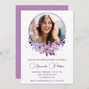 Chic Photo 37th birthday invitation Floral Purple