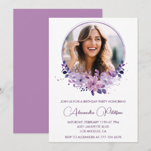 Chic Photo 44th birthday invitation Floral Purple