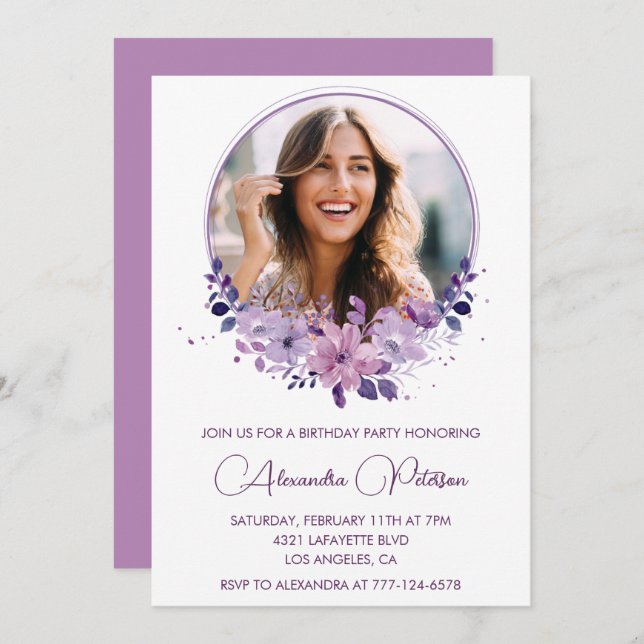 Chic Photo 46th birthday invitation Floral Purple (Front/Back)