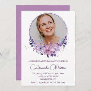 Chic Photo 54th birthday invitation Floral Purple