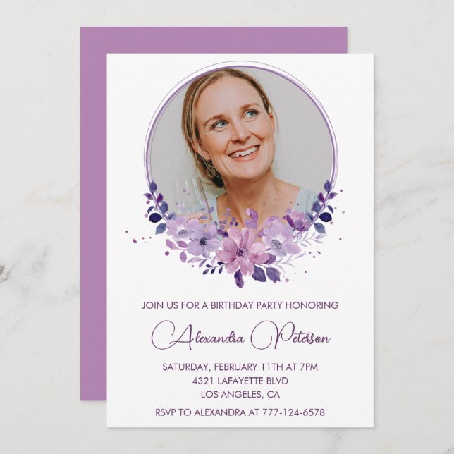 Chic Photo 57th birthday invitation Floral Purple (Front/Back)
