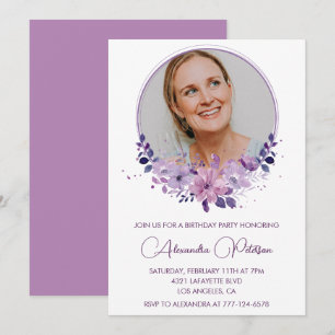 Chic Photo 64th birthday invitation Floral Purple