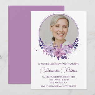 Chic Photo 72nd birthday invitation Floral Purple