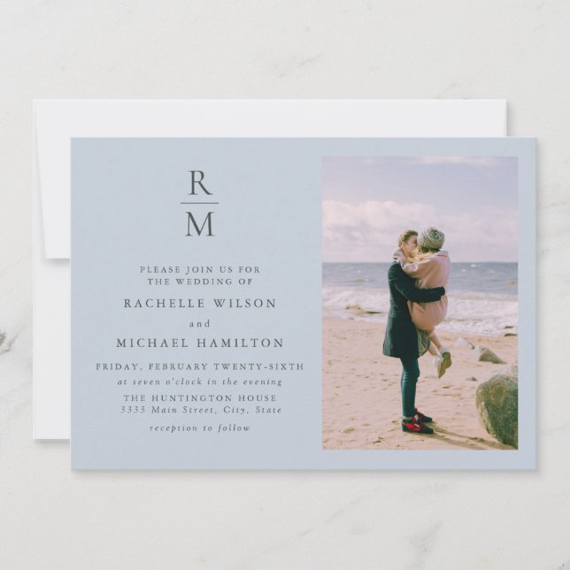 Chic Photo Blue White Monogram Wedding  Invitation (Front)