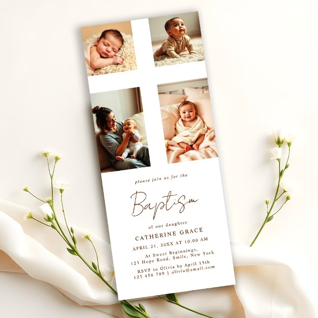 Chic Photo Collage Cross Baby Baptism Invitation (Creator Uploaded)