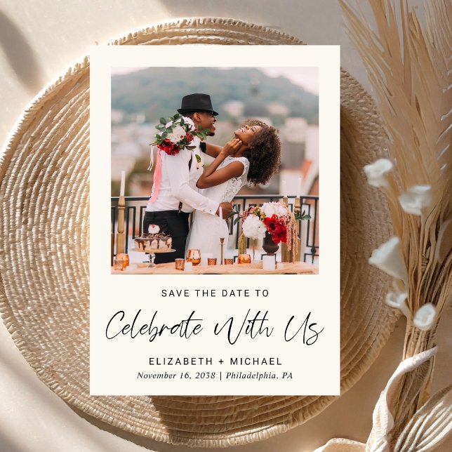 Chic Photo Cream Wedding Reception Save The Date (A chic Save The Date photo announcement for a post-wedding reception to celebrate your marriage)