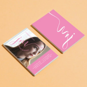 Chic Photo Curvature Pink White Script Monogram Business Card