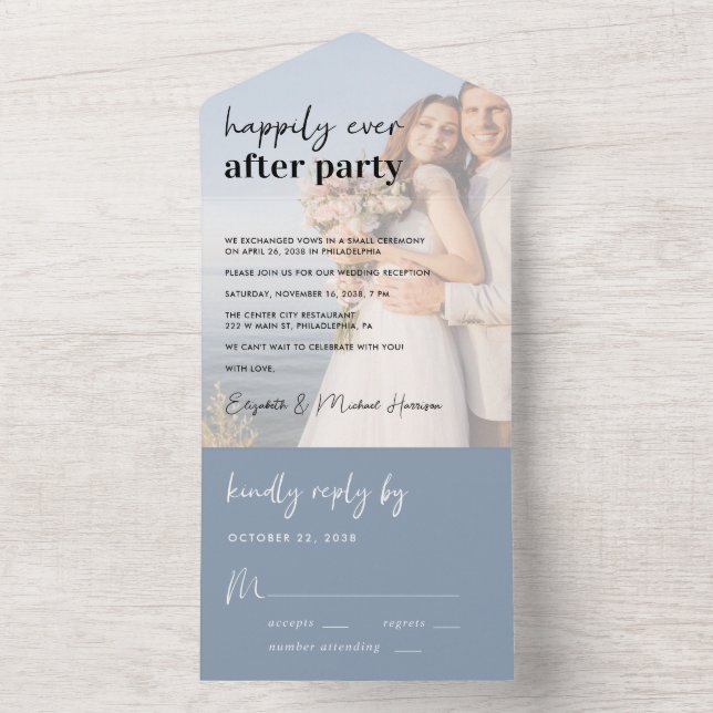 Chic Photo Dusty Blue Wedding Reception All In One Invitation (Inside)