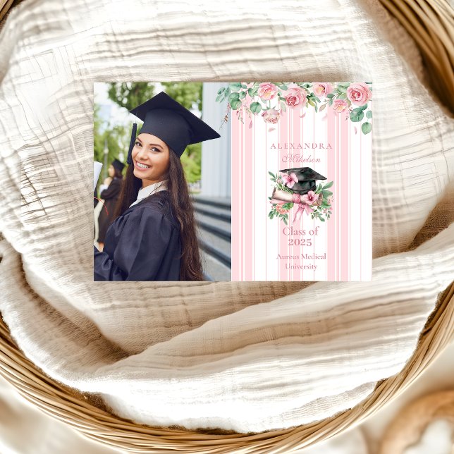 Chic Photo Pink Floral Graduation Announcement (Creator Uploaded)