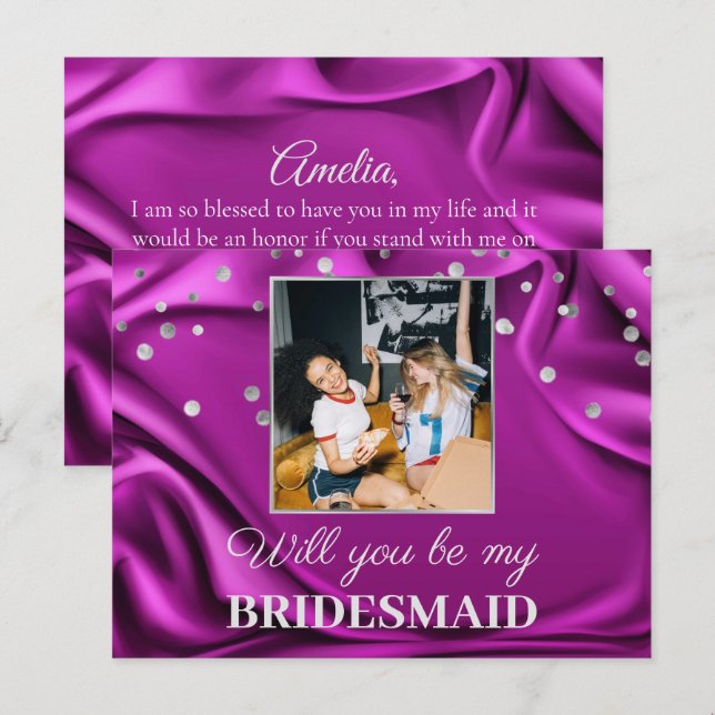 Chic Photo Purple Silk Will You Be My Bridesmaid Postcard (Front/Back)