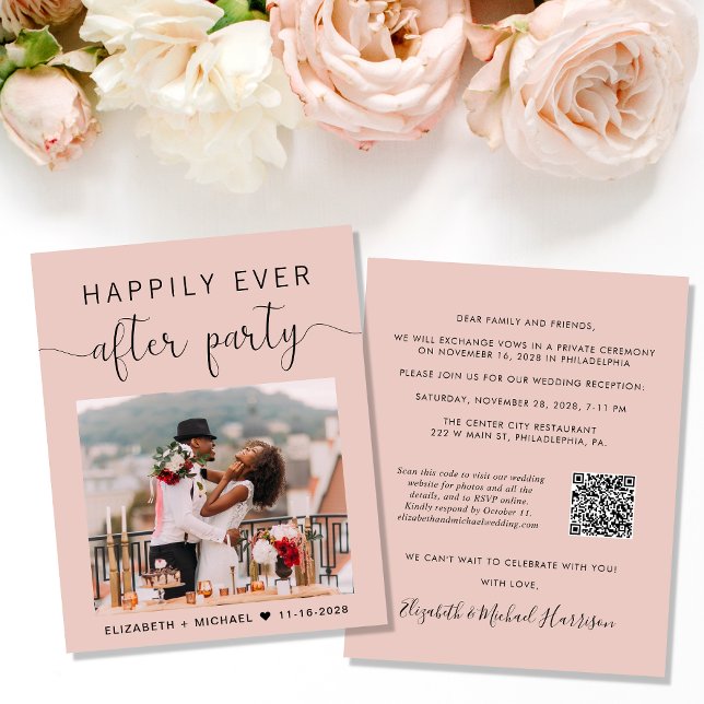 Chic Photo QR Code Blush Wedding Reception Invite (Creator Uploaded)