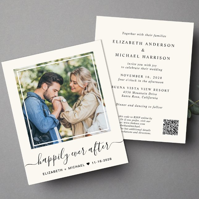 Chic Photo QR Code Budget Cream Wedding Invitation (Input your wedding website address to create a QR code)