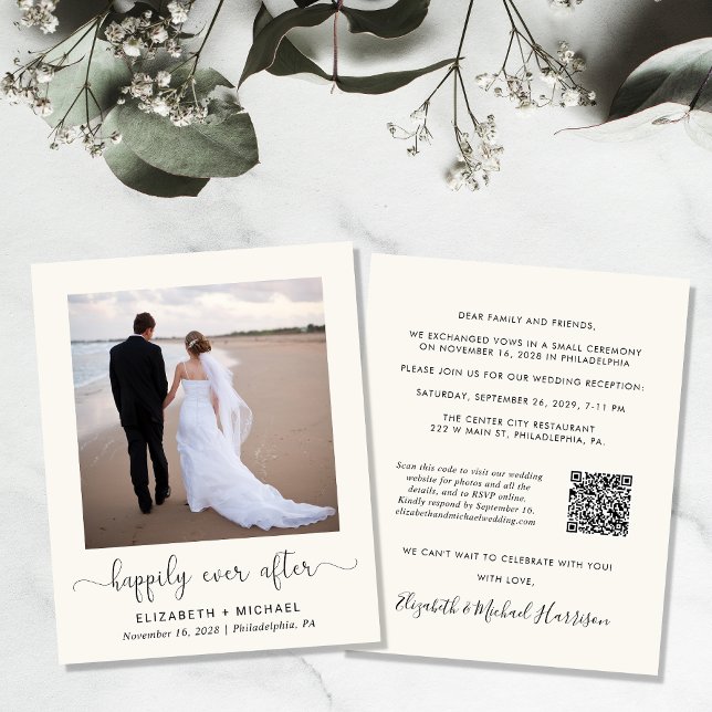 Chic Photo QR Code Cream Wedding Reception Invite (Creator Uploaded)