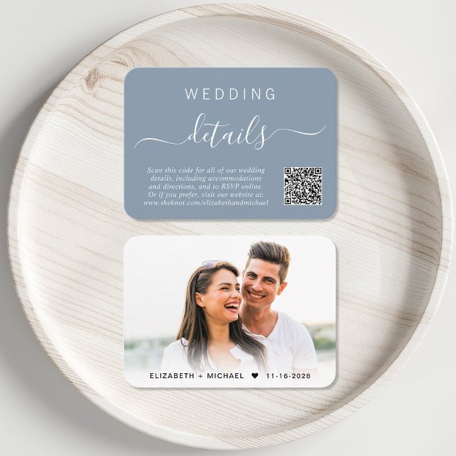 Chic Photo QR Code Dusty Blue Wedding Details Enclosure Card (Creator Uploaded)
