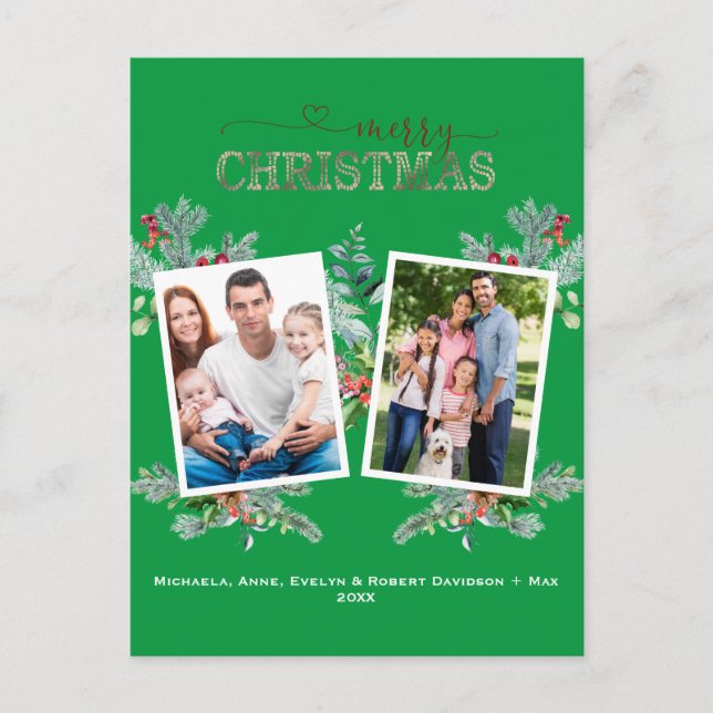 Chic Photo Rose Gold Green Merry Christmas  Holiday Postcard (Front)