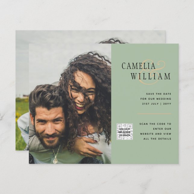 Chic Photo Wedding Invite QR Code Save Date Green (Front/Back)