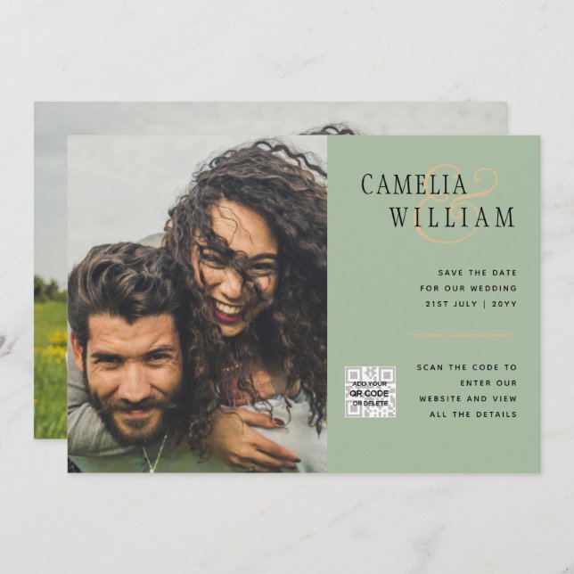 Chic Photo Wedding Invite QR Code Save Date Green (Front/Back)
