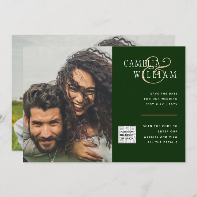 Chic Photo Wedding Invite QR Code Save Date Green (Front/Back)