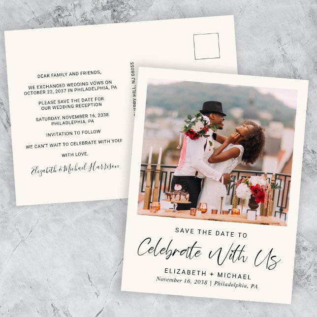 Chic Photo Wedding Reception Cream Save The Date Announcement Postcard (Creator Uploaded)