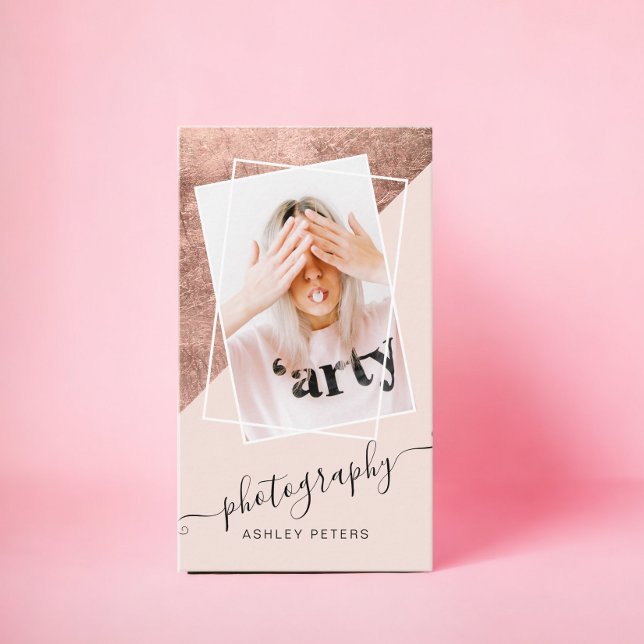 Chic photography blush pink rose gold script photo business card (Chic photography blush pink rose gold script photo business card)