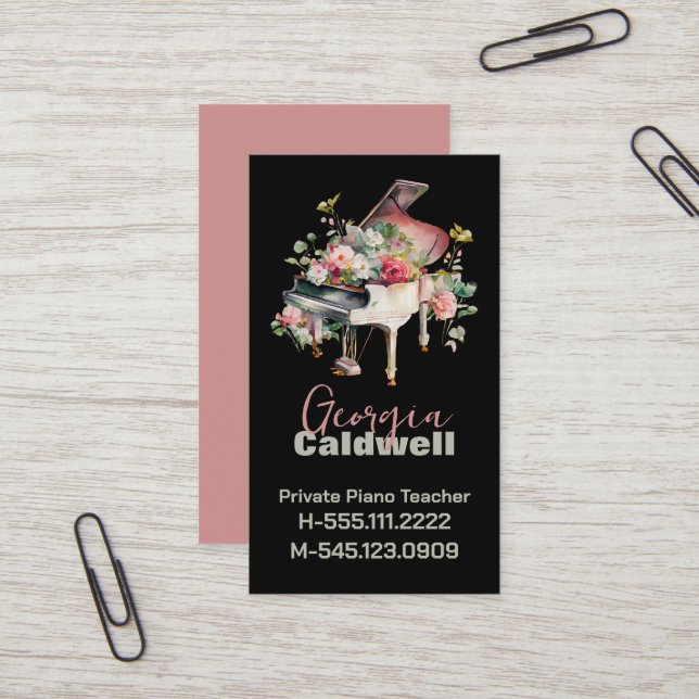 Chic Piano Teacher Watercolor Art Business Card (Front/Back In Situ)