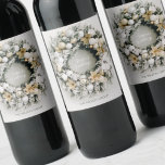 Chic Pine Christmas Wreath Wine Label<br><div class="desc">Holiday wine bottle labels feature a greeting and your name with a beautiful snow flocked pine wreath decorated with white and gold Christmas tree ornaments and flowers. MATCHING items in our store.</div>