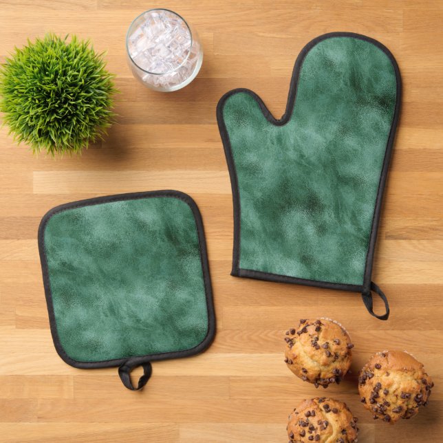 Chic Pine Teal Green Oven Mitt & Pot Holder Set (Top Down)