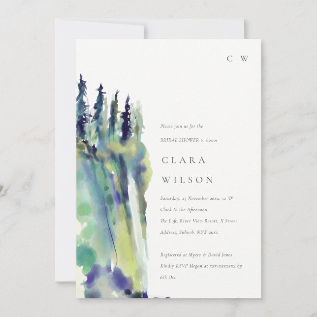 Chic Pine Tree Mountain Landscape Bridal Shower Invitation (Front)
