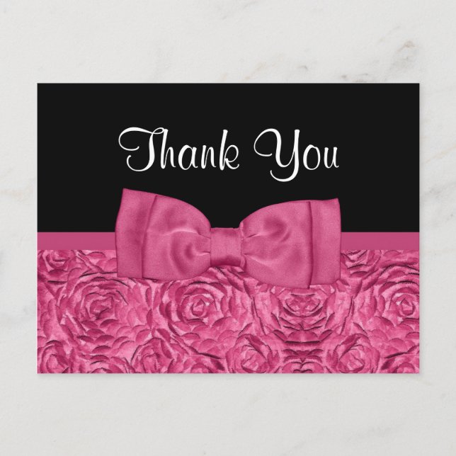Chic Pink and Black Rose Floral Thank You Postcard (Front)