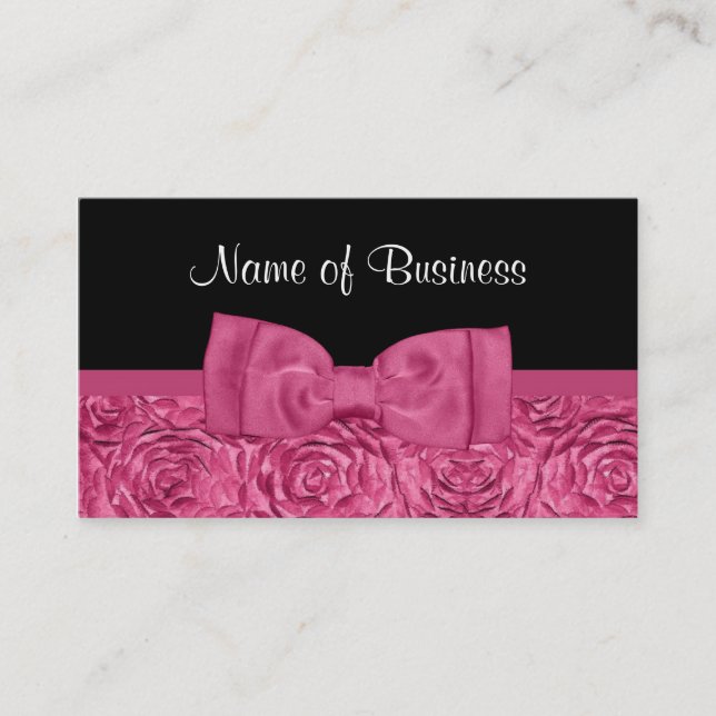 Chic Pink and Black Rose Floral With Girly Bow Business Card (Front)