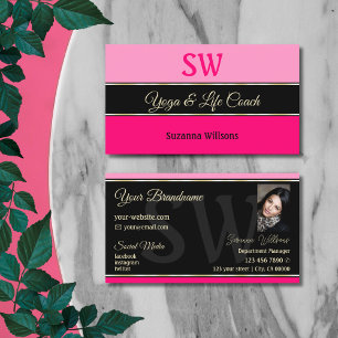 Chic Pink and Black Stripes with Monogram & Photo Business Card