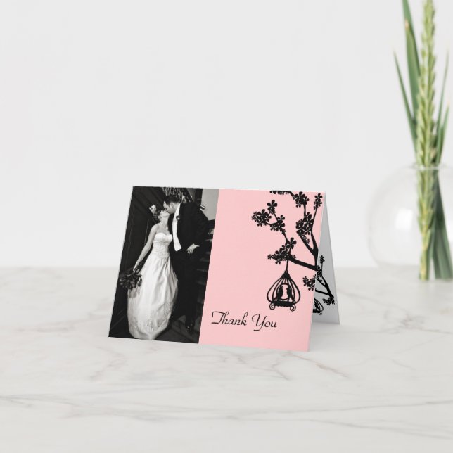 Chic Pink and Black Wedding Photo Thank You Card (Front)