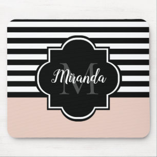 Chic Pink and Black Wide Stripes Name and Monogram Mouse Mat