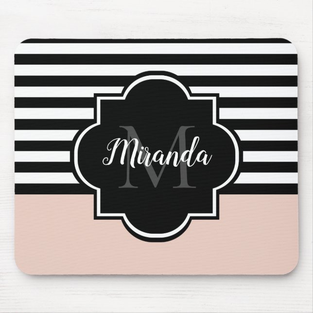 Chic Pink and Black Wide Stripes Name and Monogram Mouse Mat (Front)
