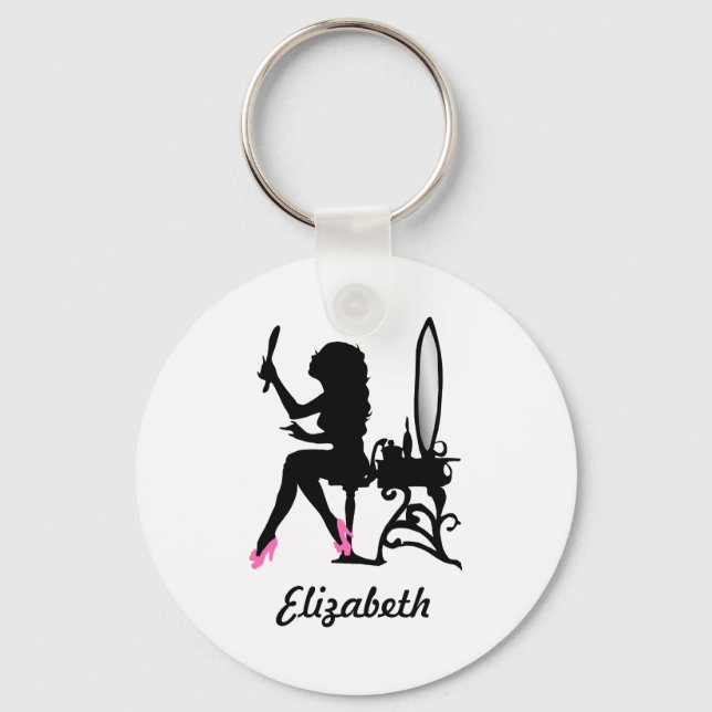 Chic Pink and Black Woman of Fashion Silhouette Key Ring (Front)