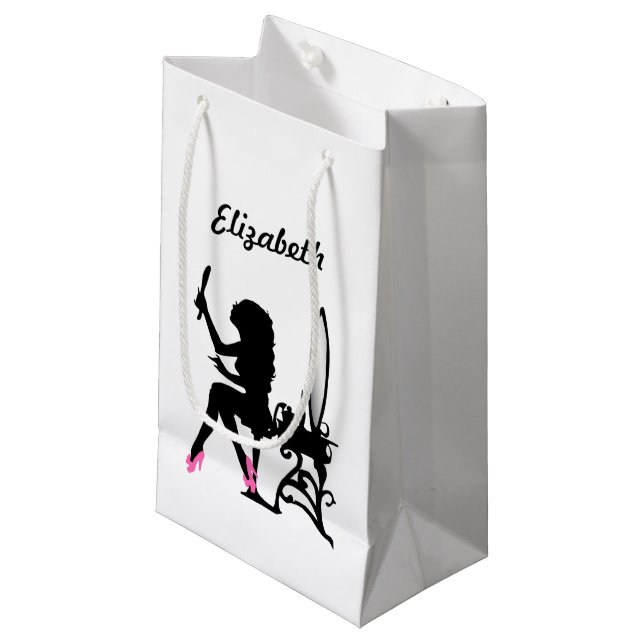 Chic Pink and Black Woman of Fashion Silhouette Small Gift Bag (Front Angled)
