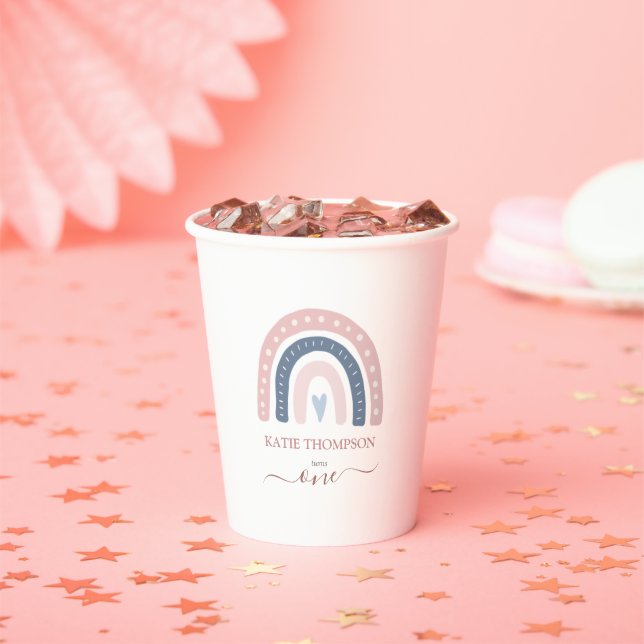 Chic Pink and Blue Rainbow Boho First Birthday Paper Cups (Insitu)