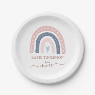 Chic Pink and Blue Rainbow Boho First Birthday Paper Plate