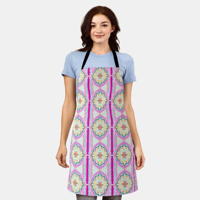 Chic Pink and Gold Geometric Floral Pattern Apron (Worn)