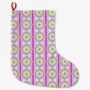 Chic Pink and Gold Geometric Floral Pattern Large Christmas Stocking