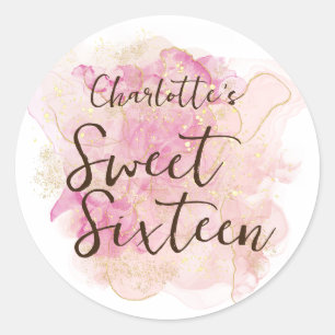 Chic Pink and Gold Watercolor Sweet 16 Party  Classic Round Sticker