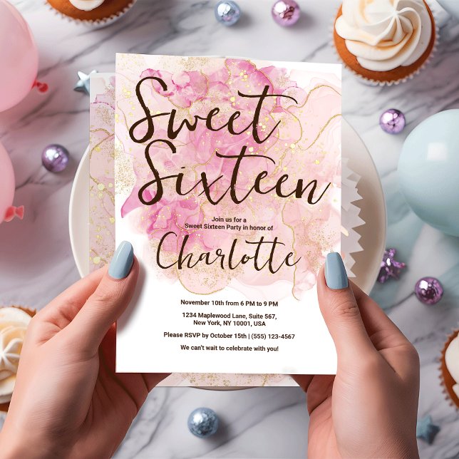 Chic Pink and Gold Watercolor Sweet 16 Party  Invitation (Creator Uploaded)