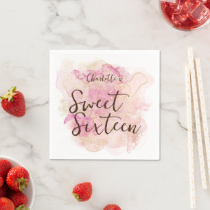 Chic Pink and Gold Watercolor Sweet 16 Party Napkin