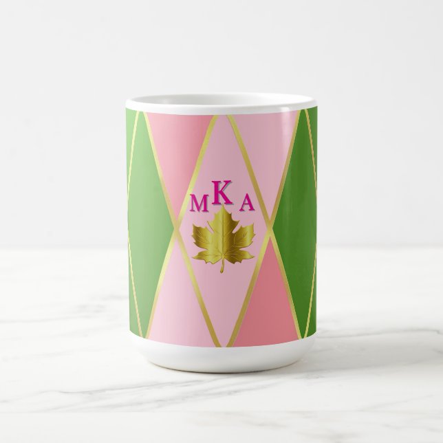 Chic Pink and Green Argyle Monogrammed  Coffee Mug (Center)