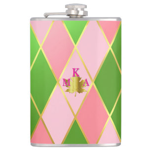 Chic Pink and Green Argyle Monogrammed  Hip Flask