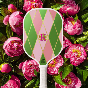 Chic Pink and Green Argyle Monogrammed  Pickleball Paddle