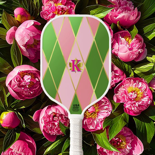 Chic Pink and Green Argyle Monogrammed  Pickleball Paddle (Chic and Stylish Monogrammed  Pink and Green Argyle Pickleball Paddle )