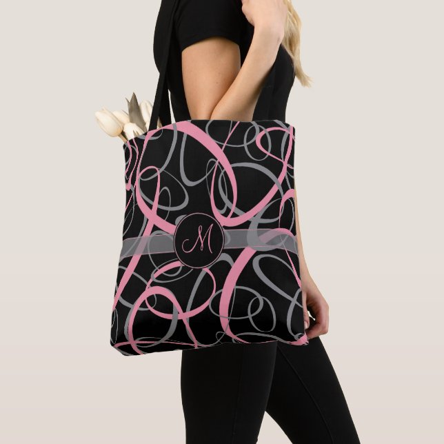 Chic pink and grey on black loopy retro monogram tote bag (Close Up)