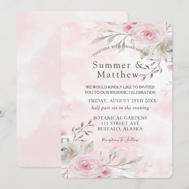 Chic Pink and Grey Watercolor Peony Rustic Wedding Invitation (Front/Back)